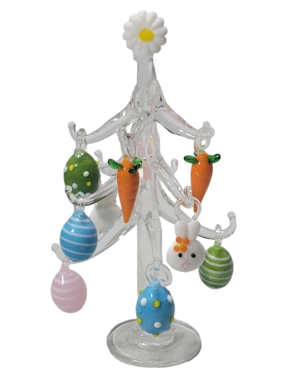 Pier 1 Glass Easter Tree With 12 Ornaments Eggs Bunnies Carrots Chicks READ - Picture 3 of 7
